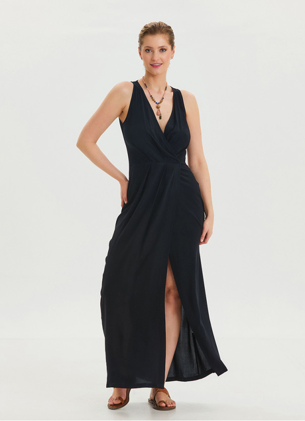 V Neck Slit Detailed Black Long Dress 4454